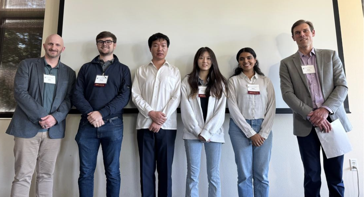 Award-winning speakers Oscar Matousek (2nd from left) and Phoebe Ling (3rd from right) with some of their peers and referees including Dr. John Ready (1st from left), currently the president of the Northern California Section of the American Association of Physicists in Medicine and a former UC Berkeley PhD student in Nuclear Engineering.  